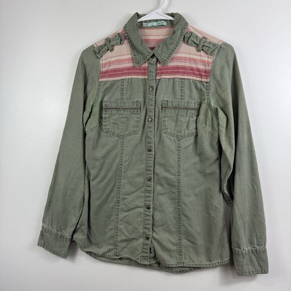 Maurices Green Pink Chambray Snap Collared Long Sleeve Shirt XS Boho Western - Picture 9 of 11